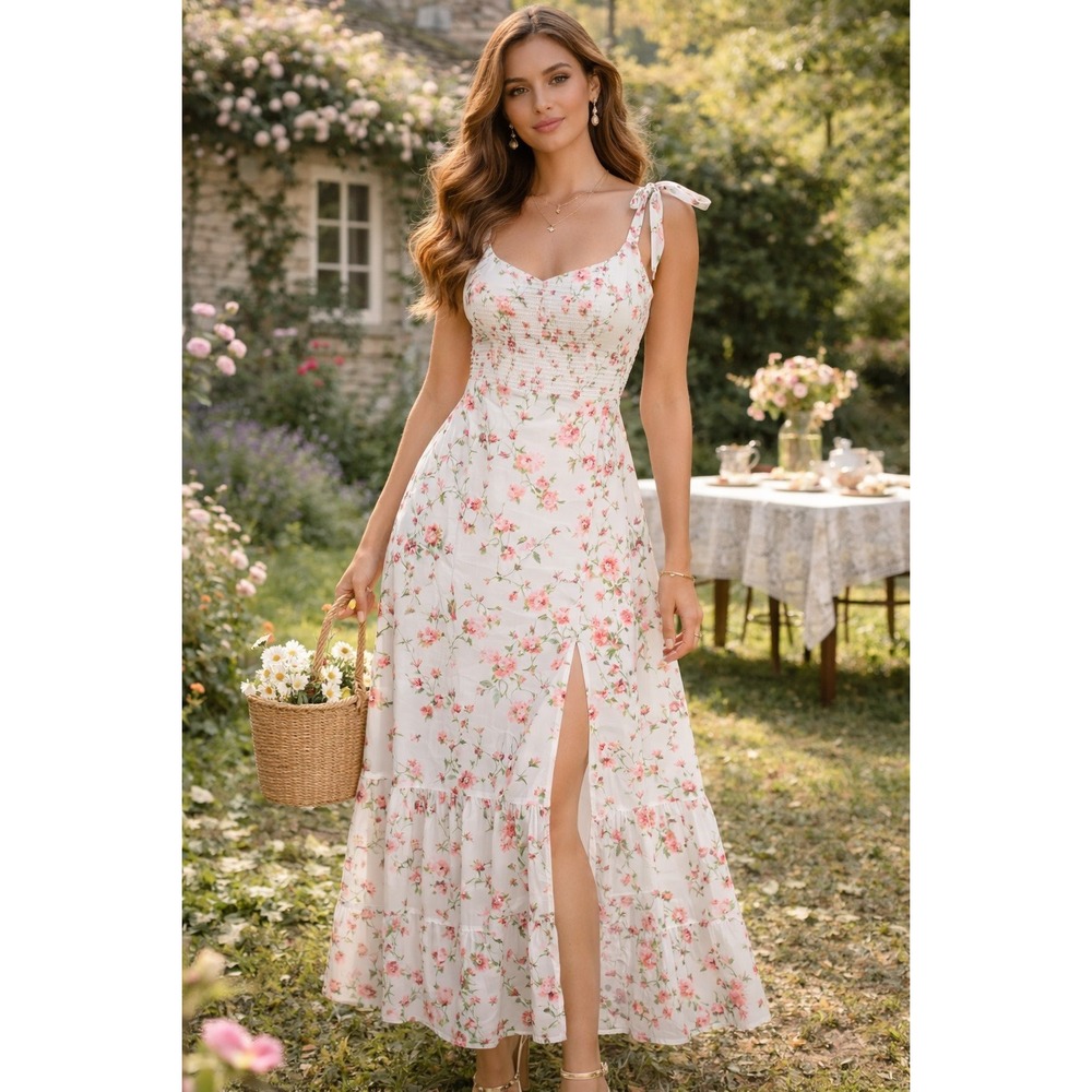 Park & Fifth Adelaide Dress Womens XS White Floral Cottage Boho Romantic Smocked